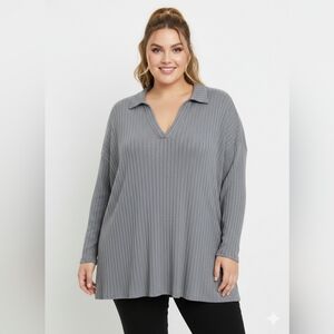 Penningtons Gray Ribbed V-Neck Polo Neck Sweater Relaxed Fit Minimalist Cozy